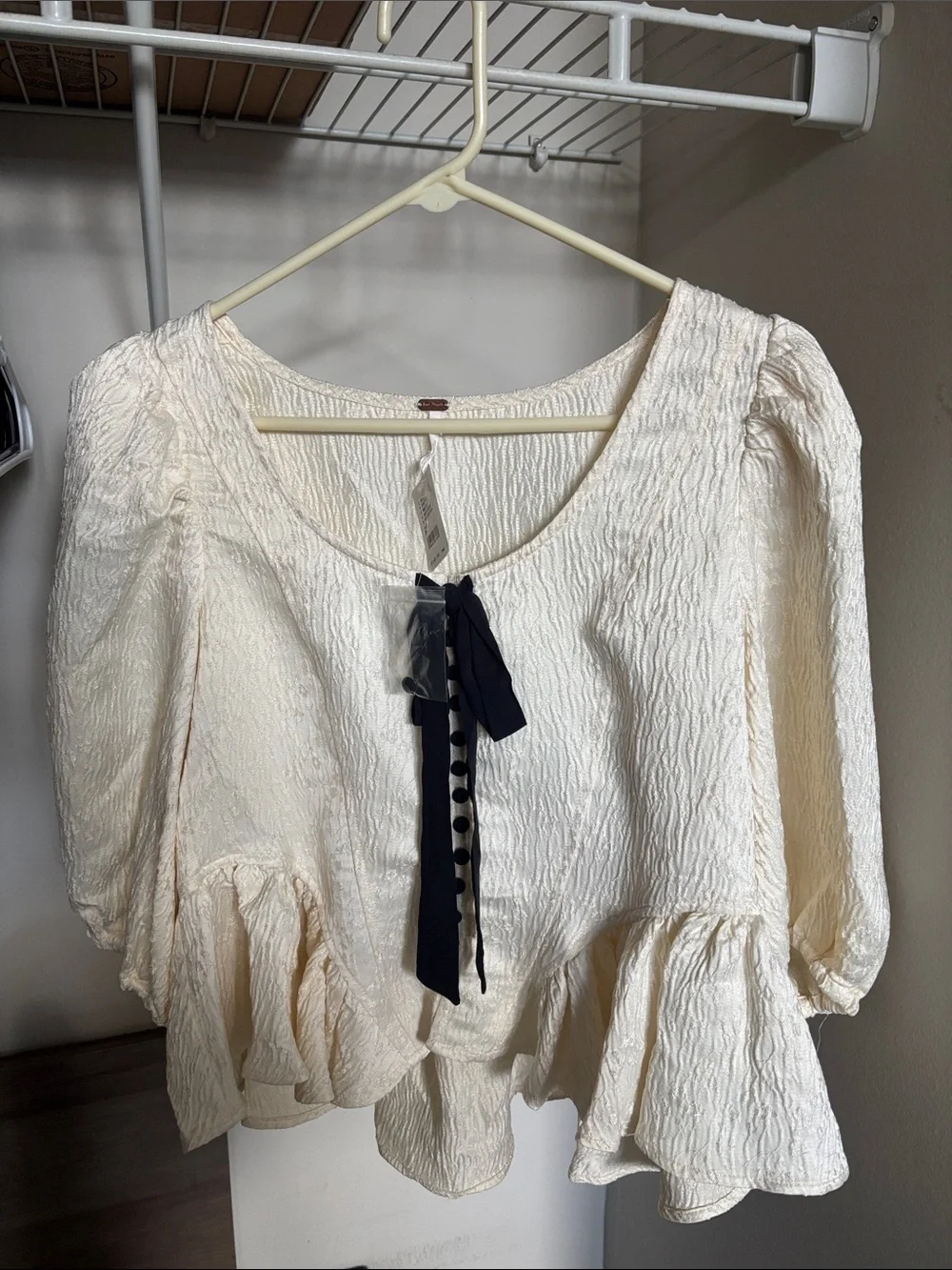 Free People Cream Textured Peplum Blouse with Black Tie
